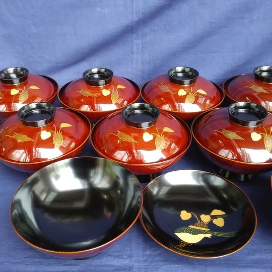 加藤漆器製作所謹製　輪島塗　山葵に河豚蒔絵　御吸物椀